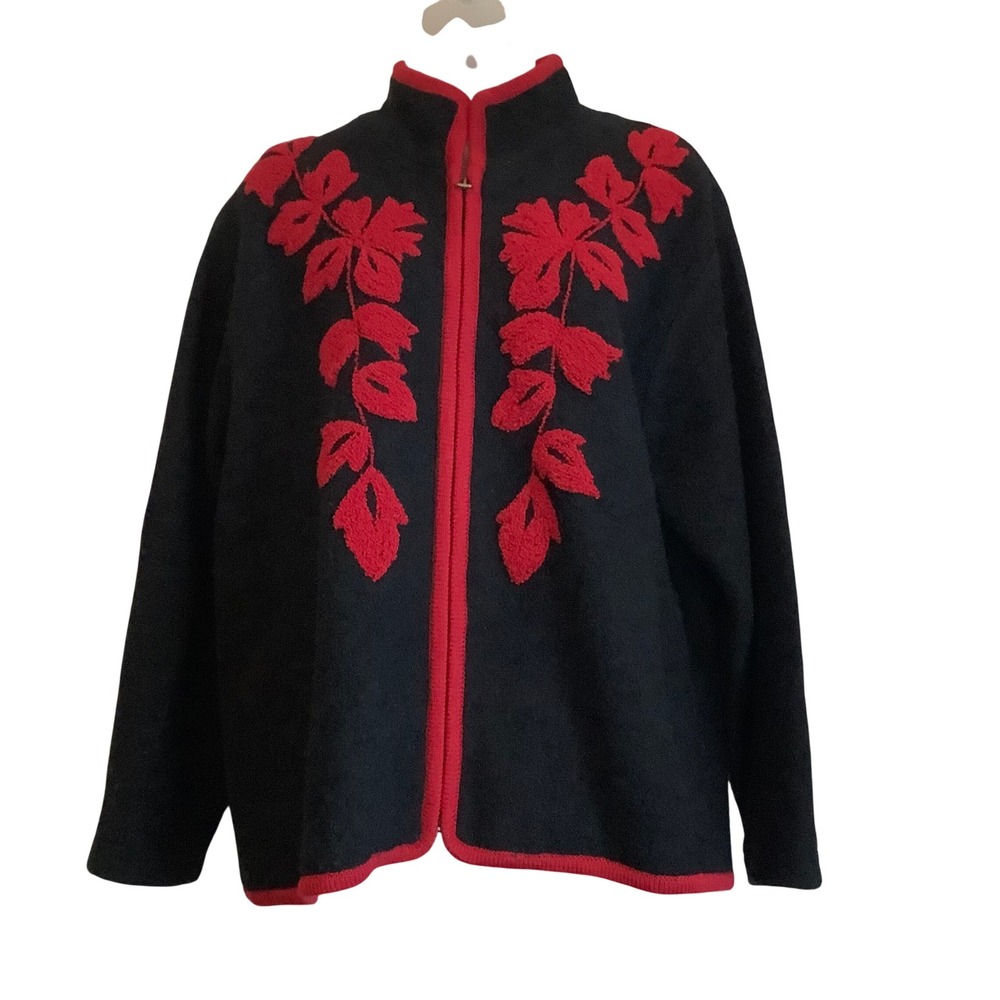 Coldwater Creek Black Red Boiled Wool Floral Embroidered Zip Jacket Cardigan XL